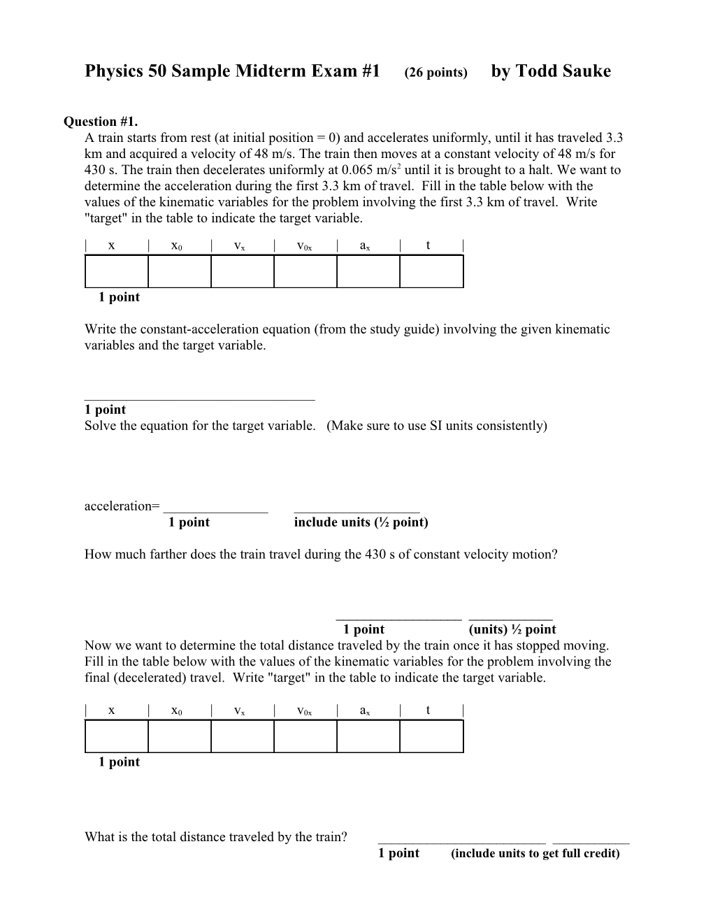 Physics 50 Sample Midterm Exam #1