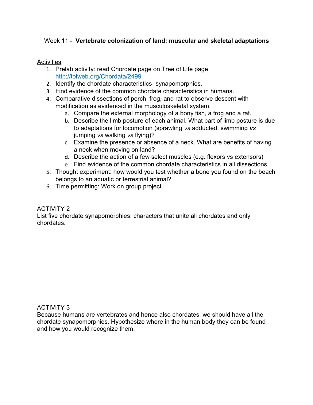 Week 11 - Vertebrate Colonization of Land: Muscular and Skeletal Adaptations