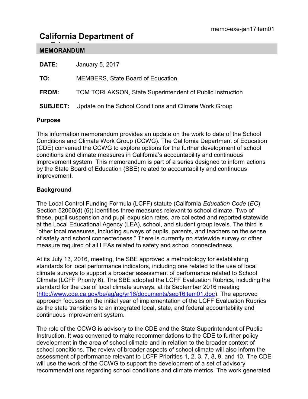 January 2017 Memo EXE Item 01 - Information Memorandum (CA State Board of Education)