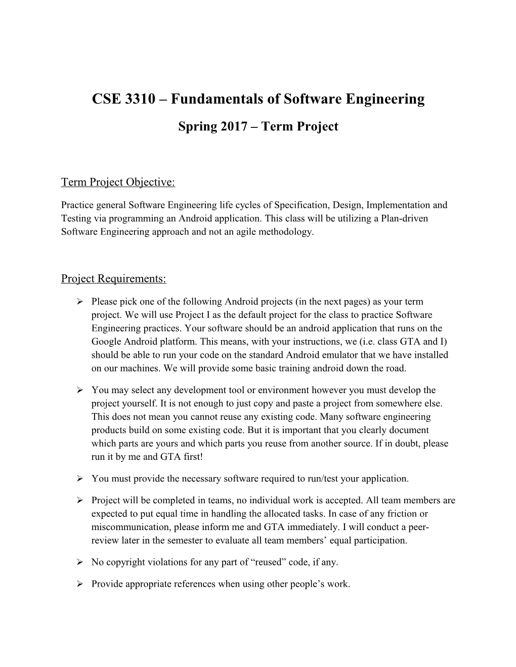 CSE 3310 Fundamentals of Software Engineering