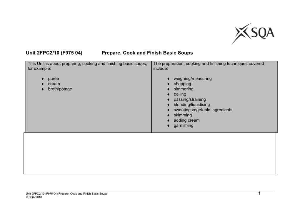 Unit 2FPC2/10 (F975 04) Prepare, Cook and Finish Basic Soups