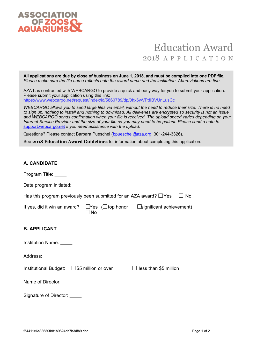 AZA 2010 Education Award Application