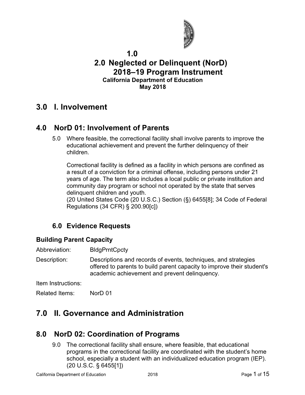 Nord Program Instrument - Compliance Monitoring (CA Dept of Education)