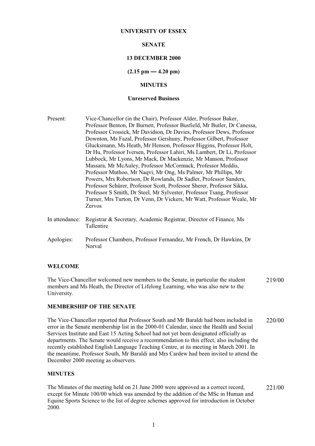 Senate Minutes December 2000- University of Essex