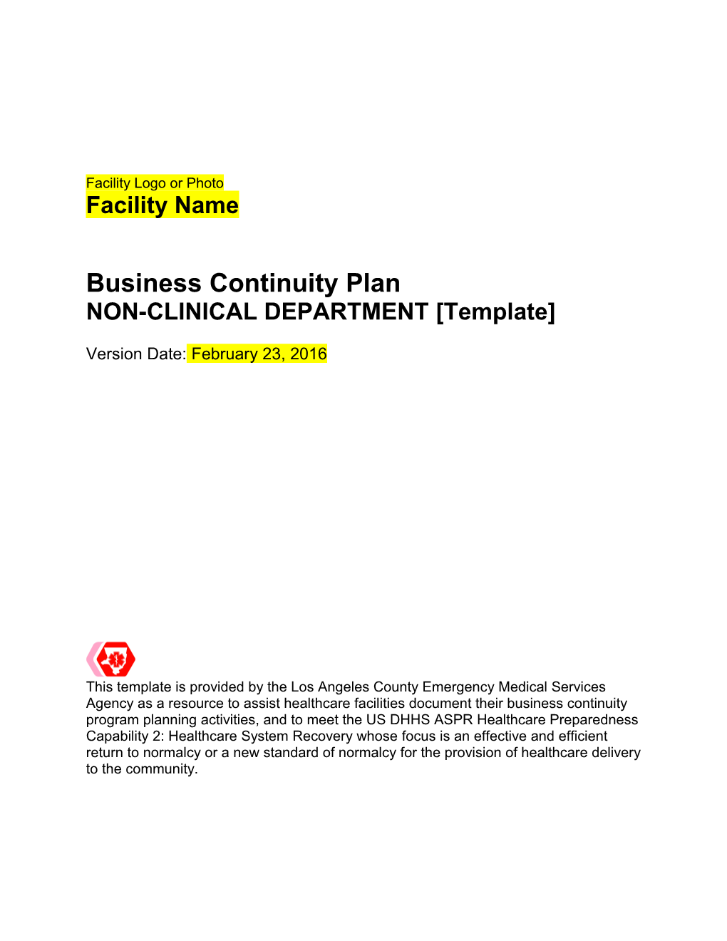 Business Continuity Plan: Non-Clinical Department