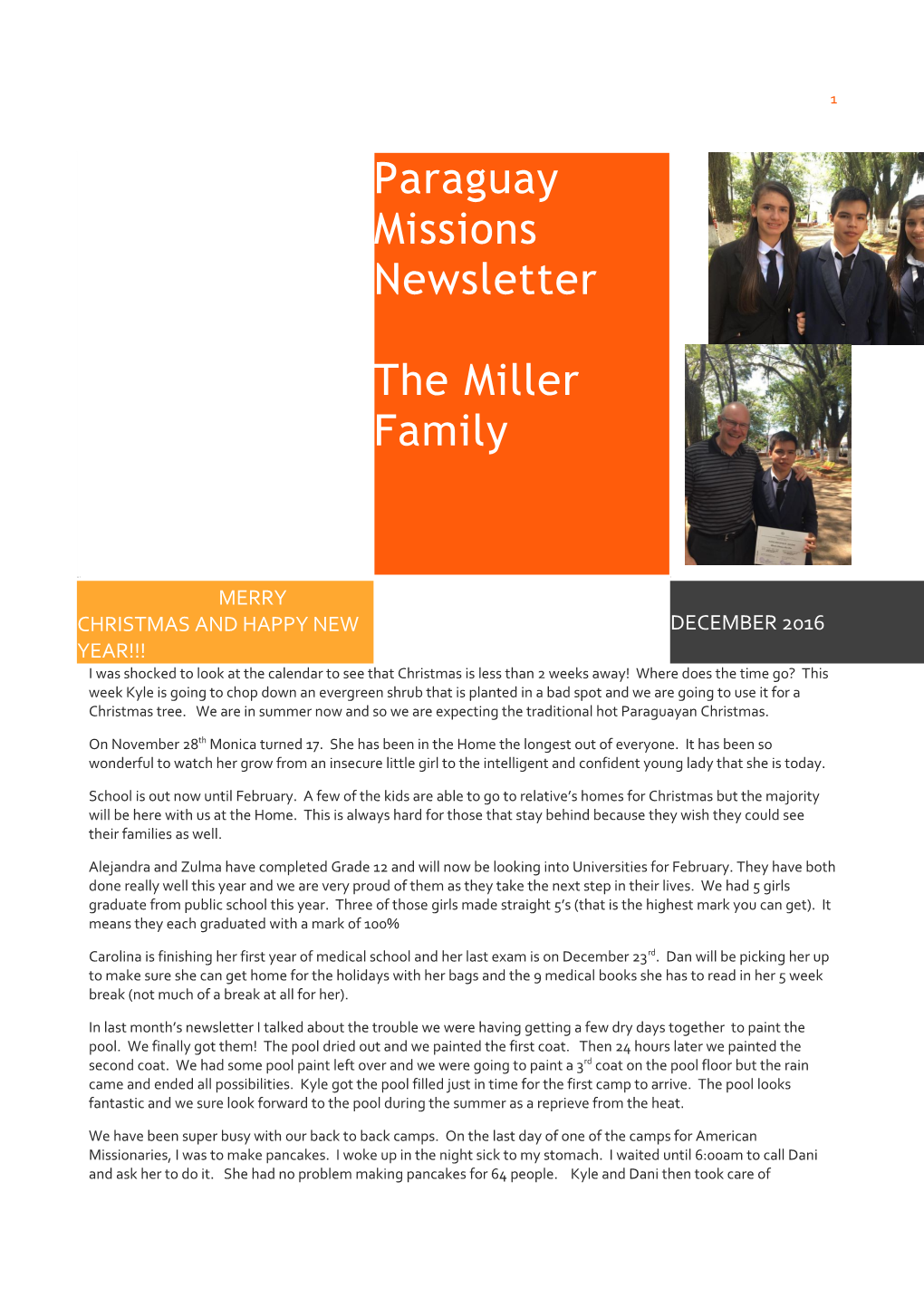 Paraguay Missions Newsletter the Miller Family