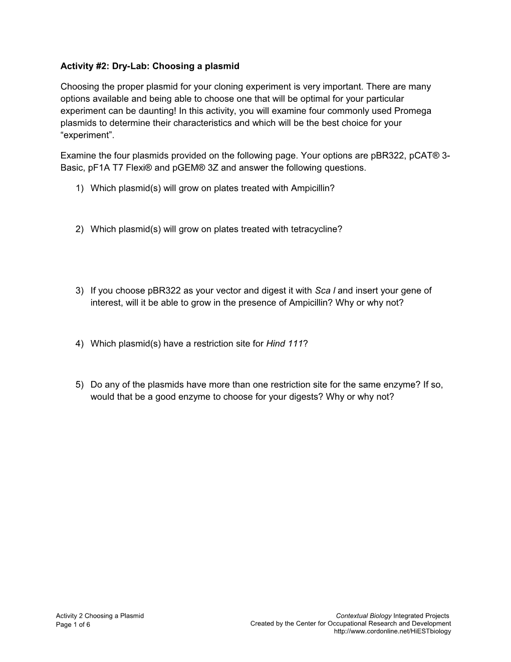 Activity #2: Dry-Lab: Choosing a Plasmid