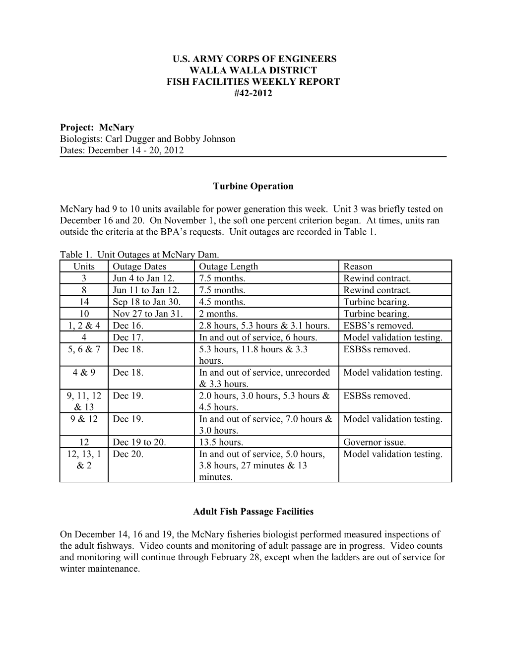 Fish Facilities Weekly Report