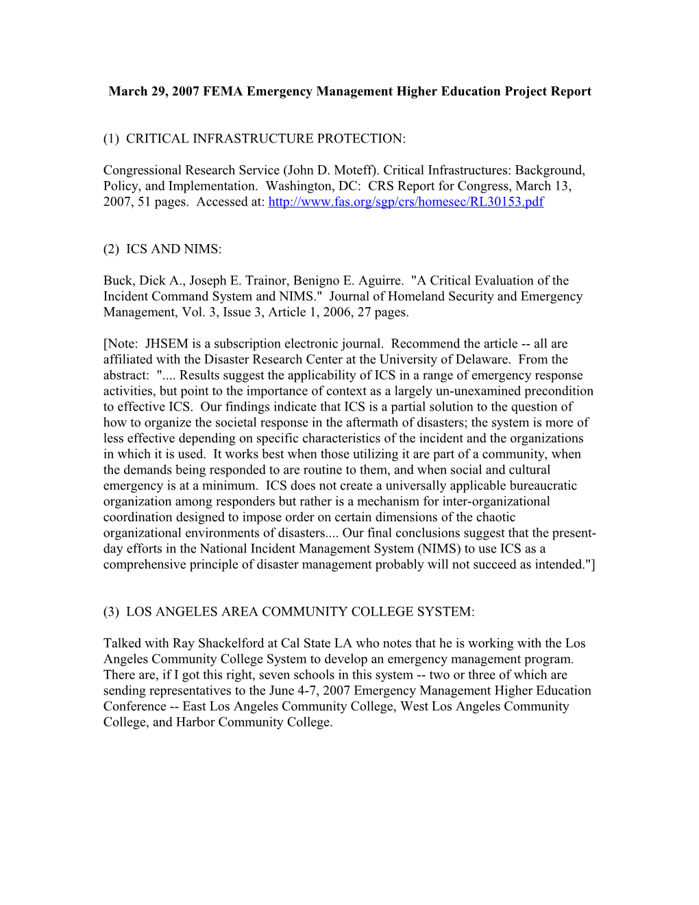 March 29, 2007 FEMA Emergency Management Higher Education Project Report