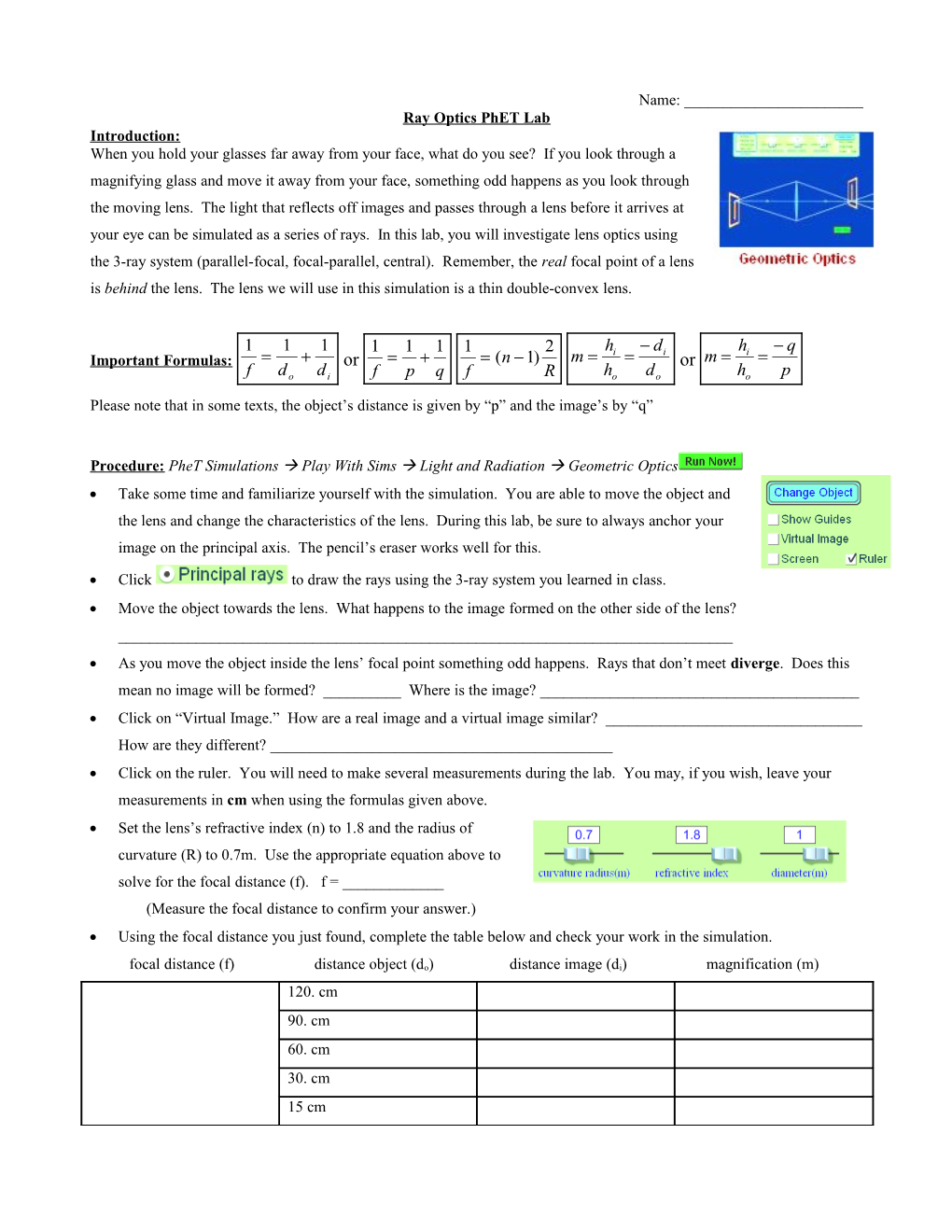 Ray Optics Phet Lab