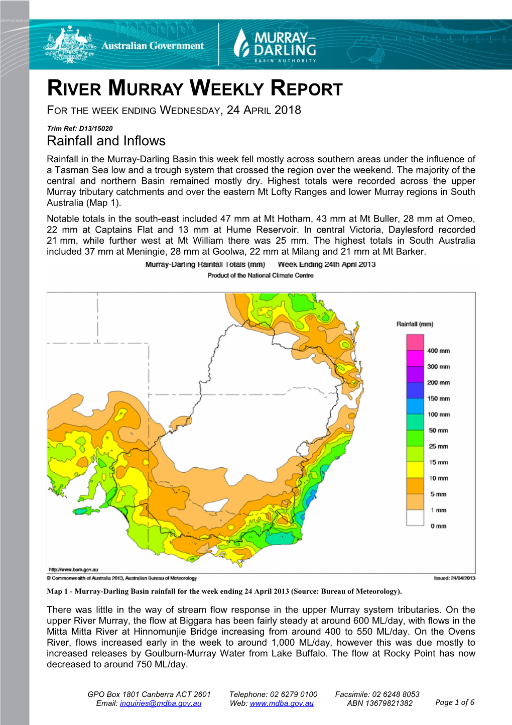 River Murray Operations Weekly Report 24Th April 2013