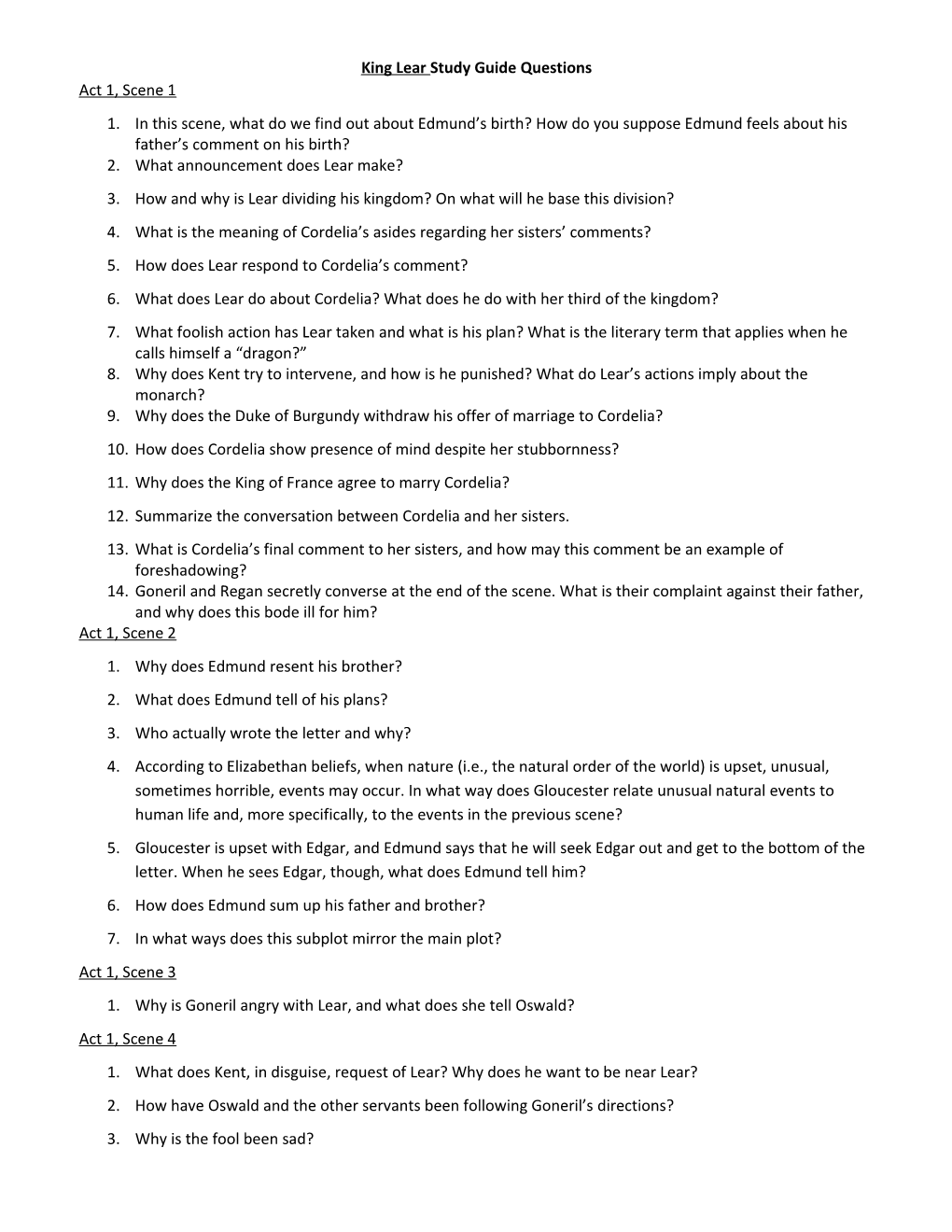 King Lear Study Guide Questions
