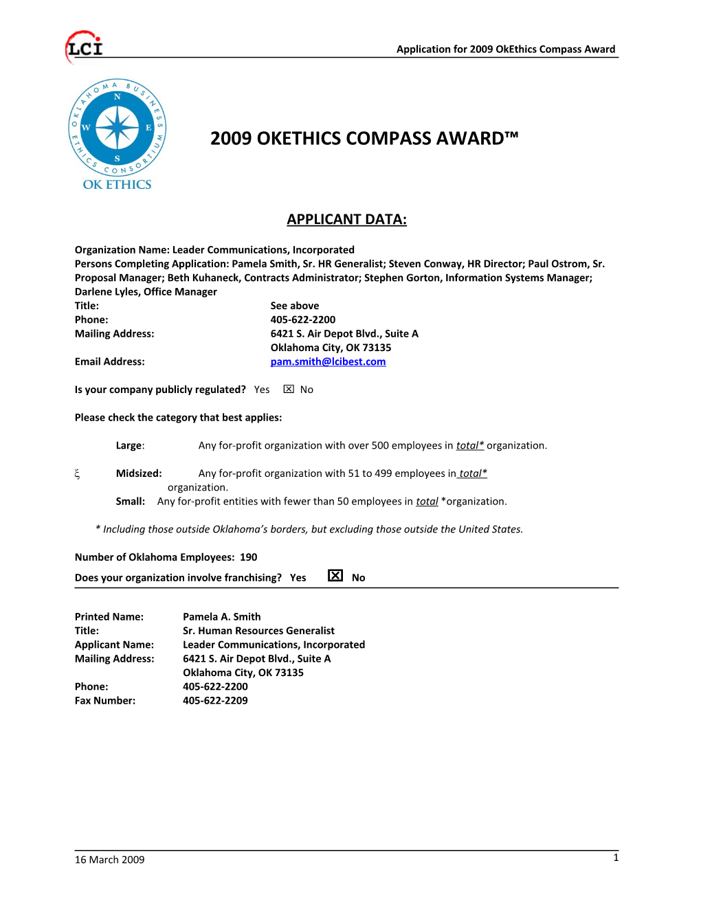 Application for 2009 Okethics Compass Award