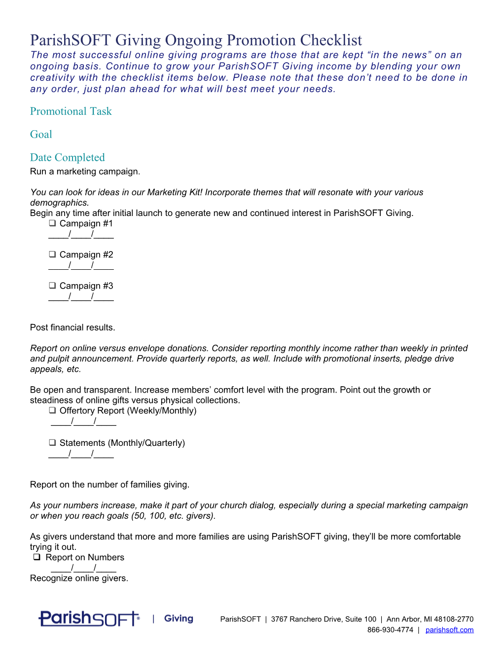Parishsoft Giving Ongoing Promotion Checklist