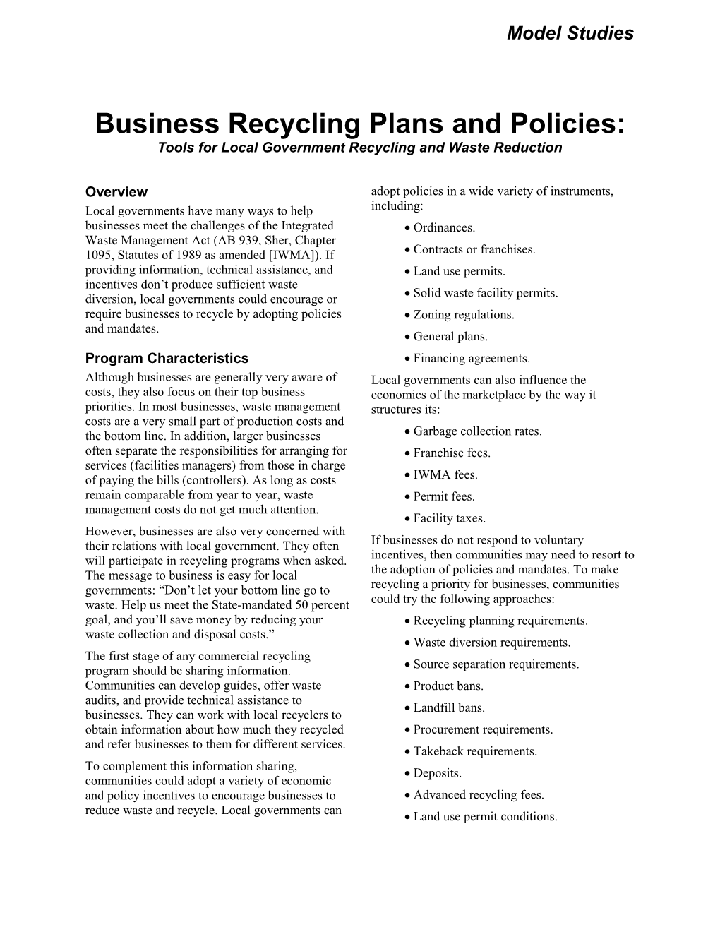 Business Recycling Plans & Policies: Tools For Local Government Recycling And Waste Reduction