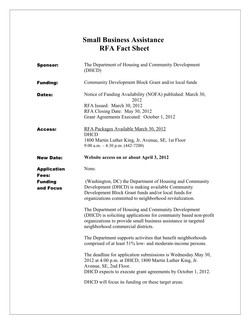 FY 2004 RFP Fact Sheet Update