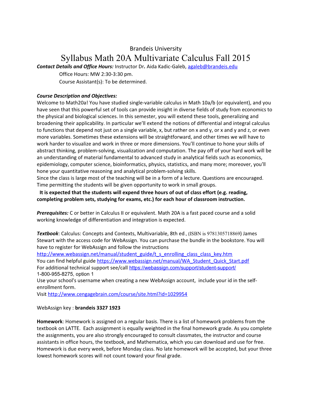 Syllabus Math 20A Multivariate Calculus Fall 2015