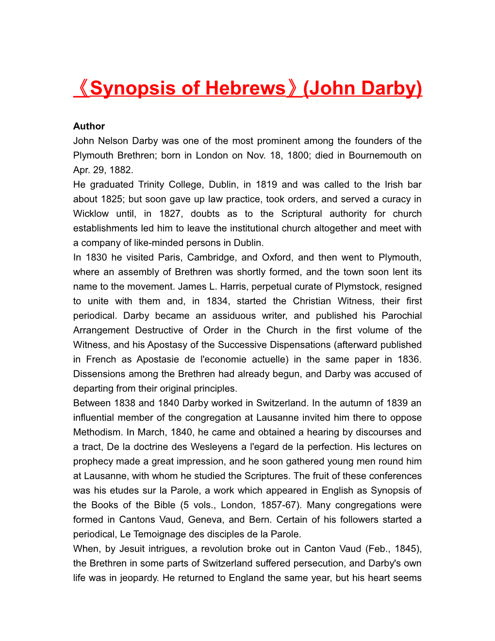 Synopsis of Hebrews (John Darby)