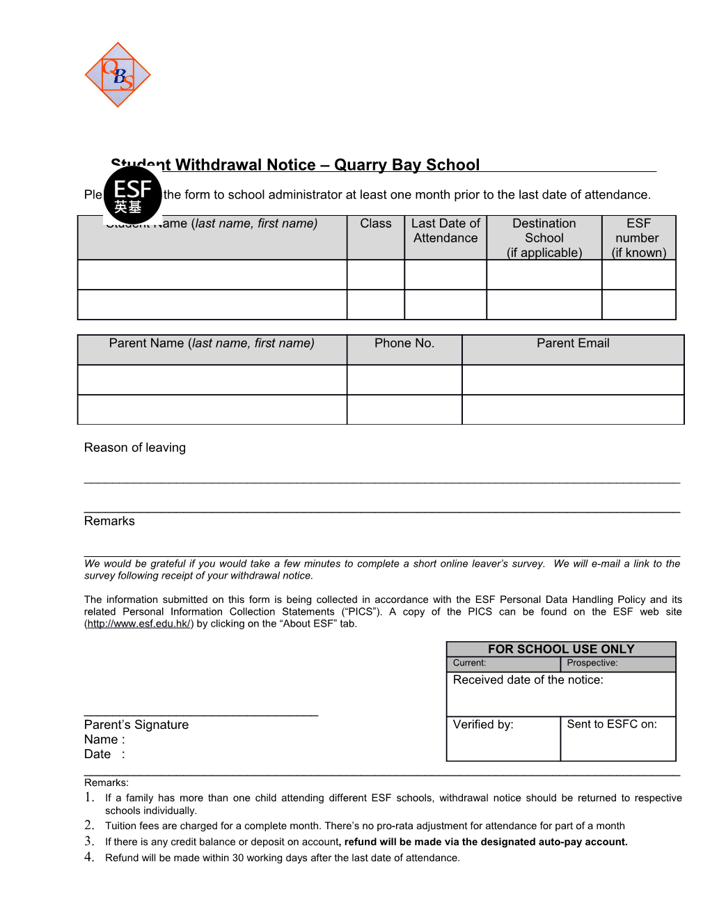 Student Withdrawal Notice Quarry Bay School