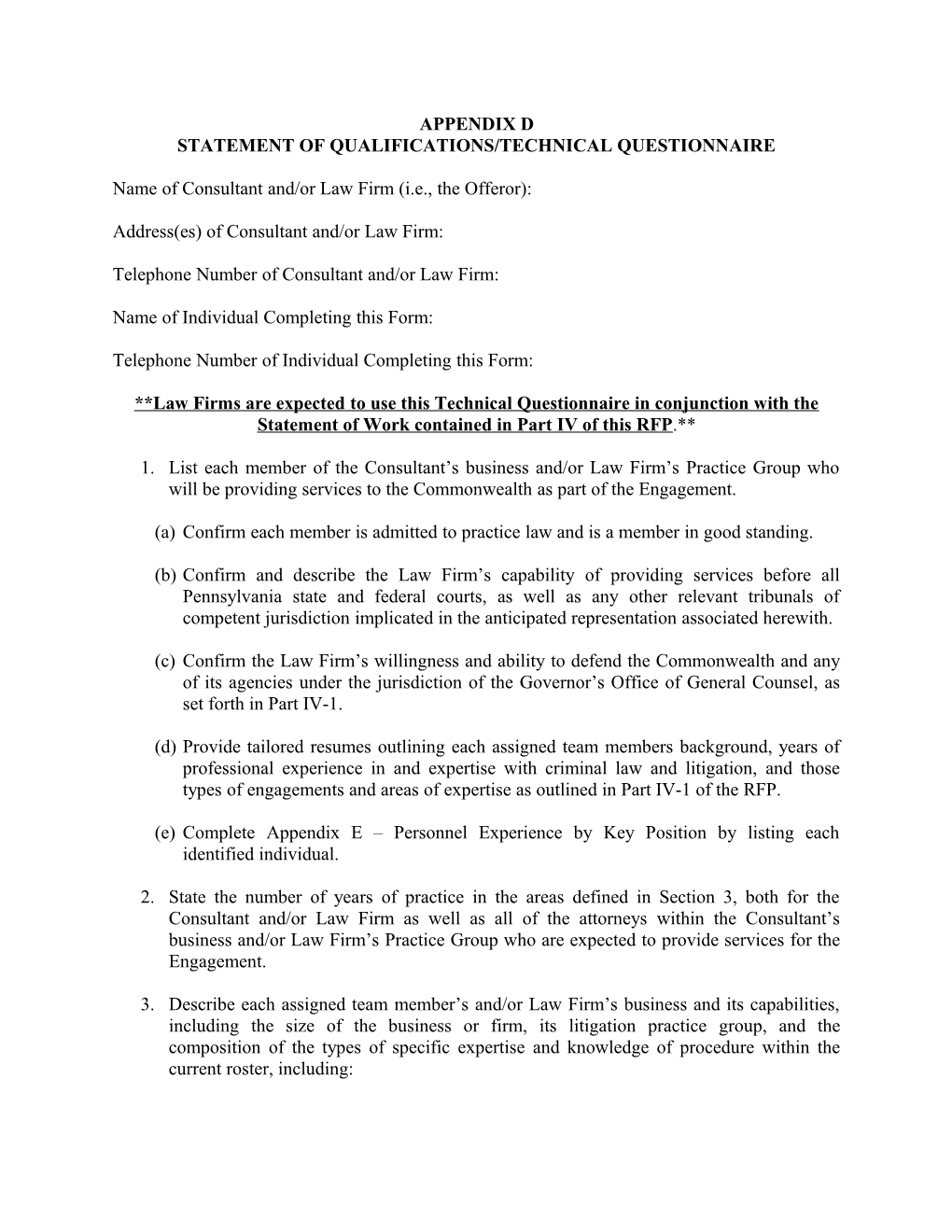 Statement of Qualifications/Technical Questionnaire