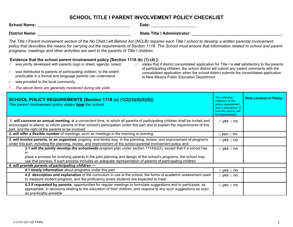 Title I School Parent Involvement Policy Checklist