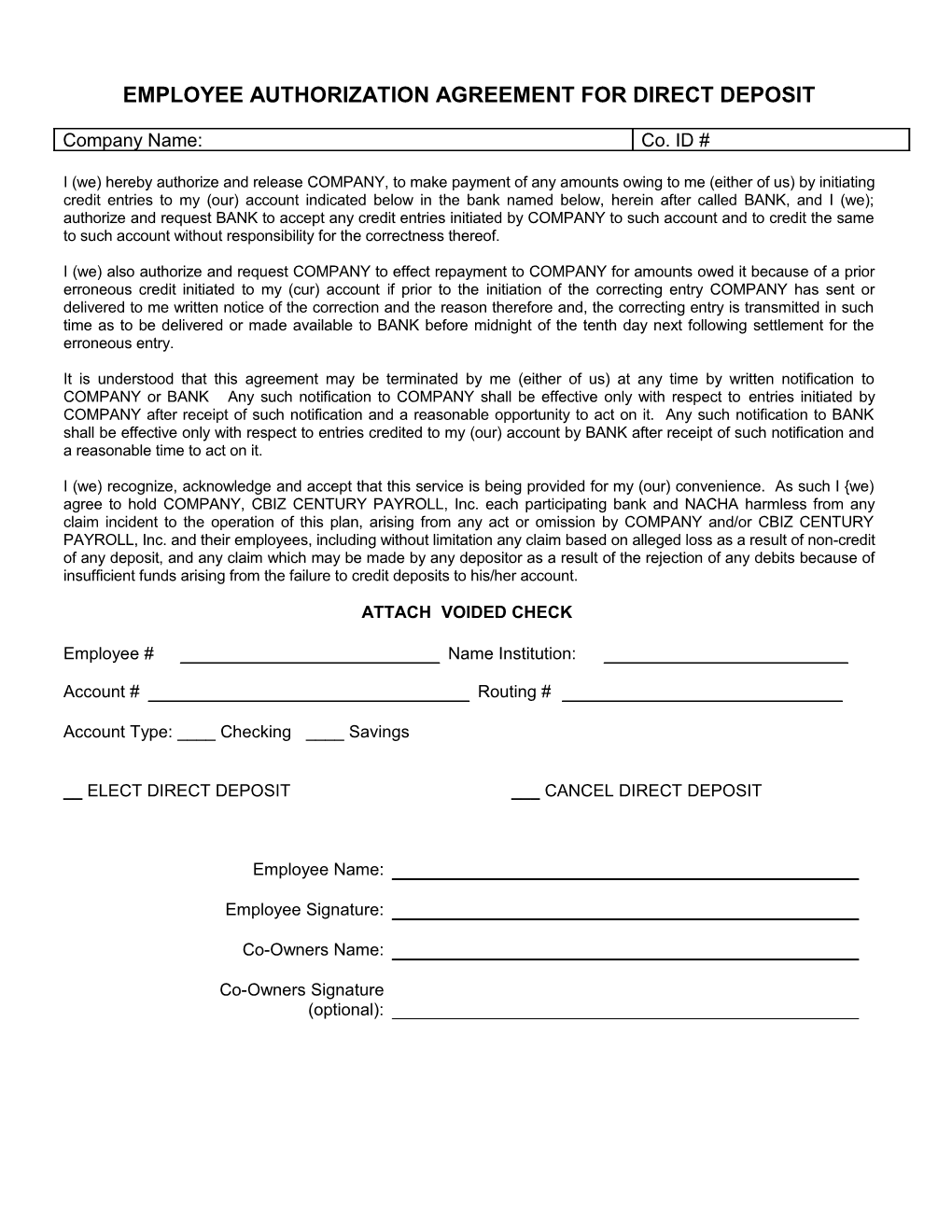 Employee Authorization Agreement for Direct Deposit