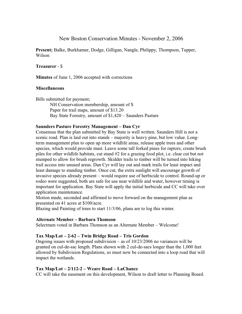 DRAFT New Boston Conservation Minutes - July 6, 2006