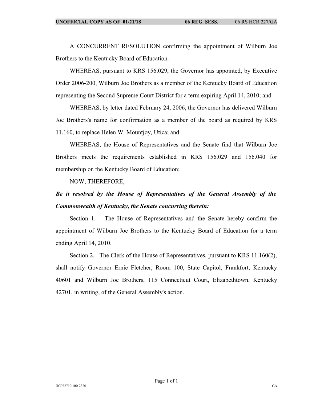 Unofficial Copy As of 03/22/06 06 Reg. Sess. 06 Rs Hcr 227/Ga