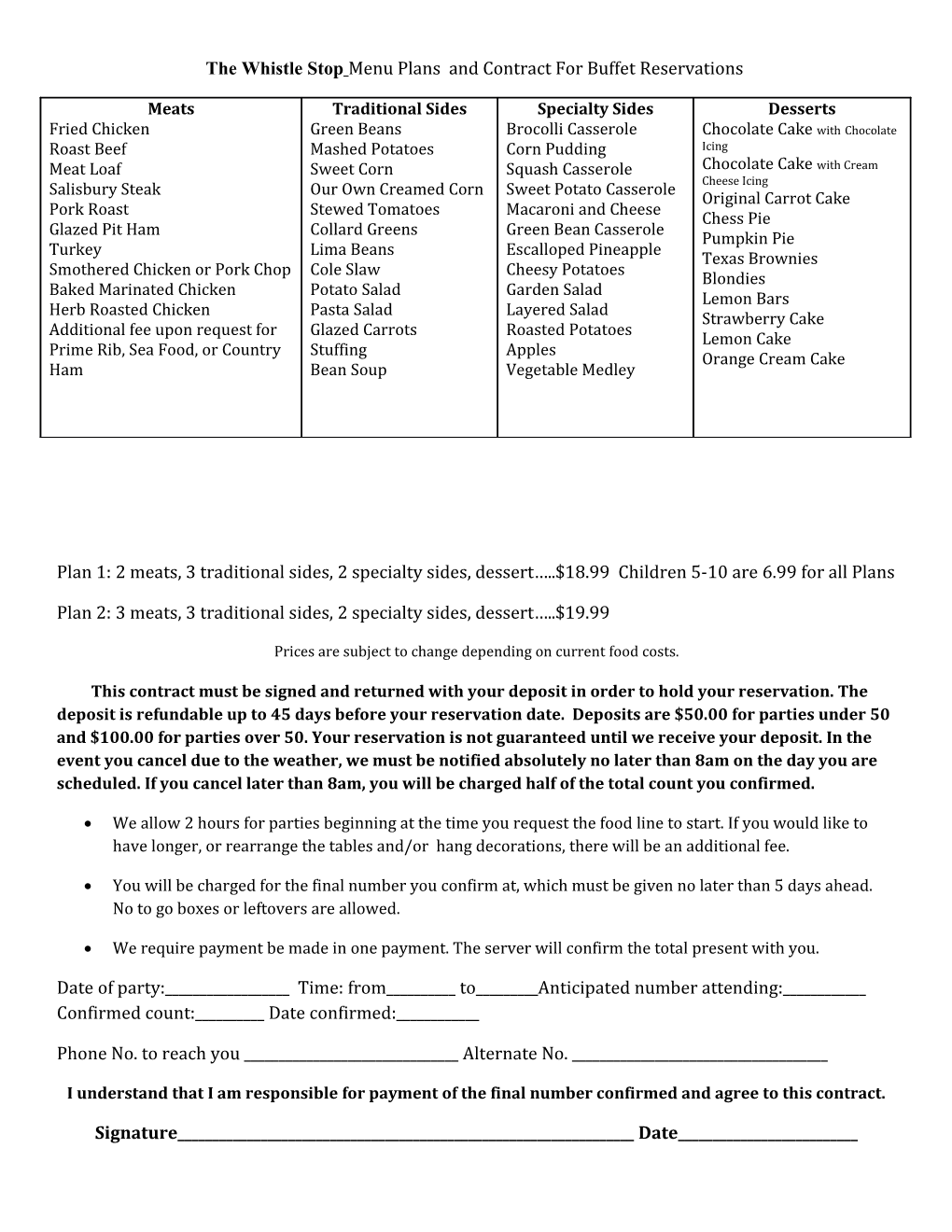 The Whistle Stop Menu Plans and Contract for Buffet Reservations