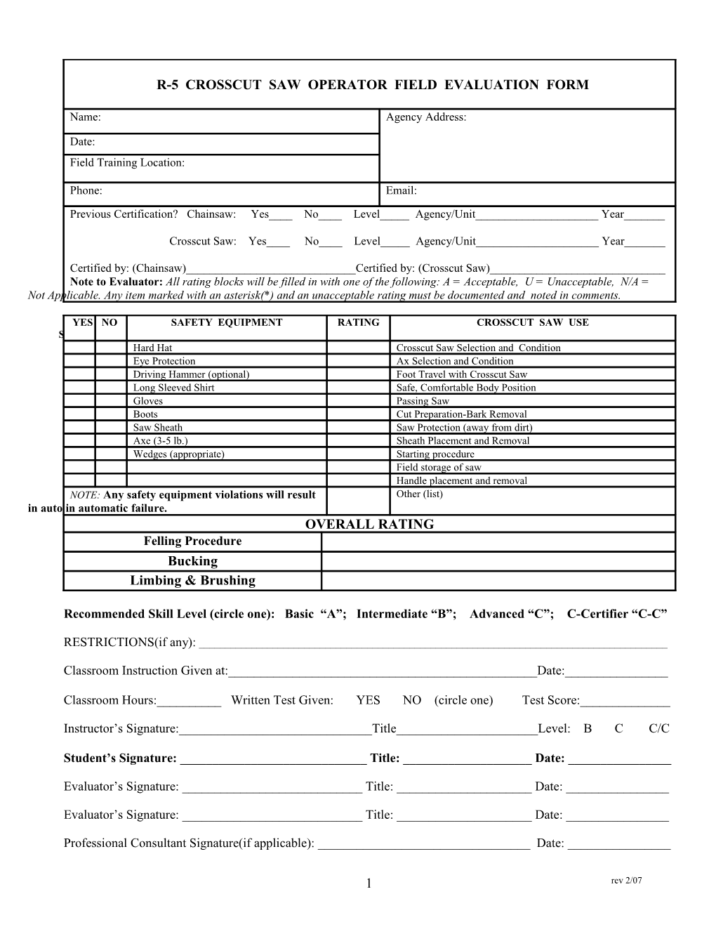 R-5 Chainsaw Operator Field Evaluation Form