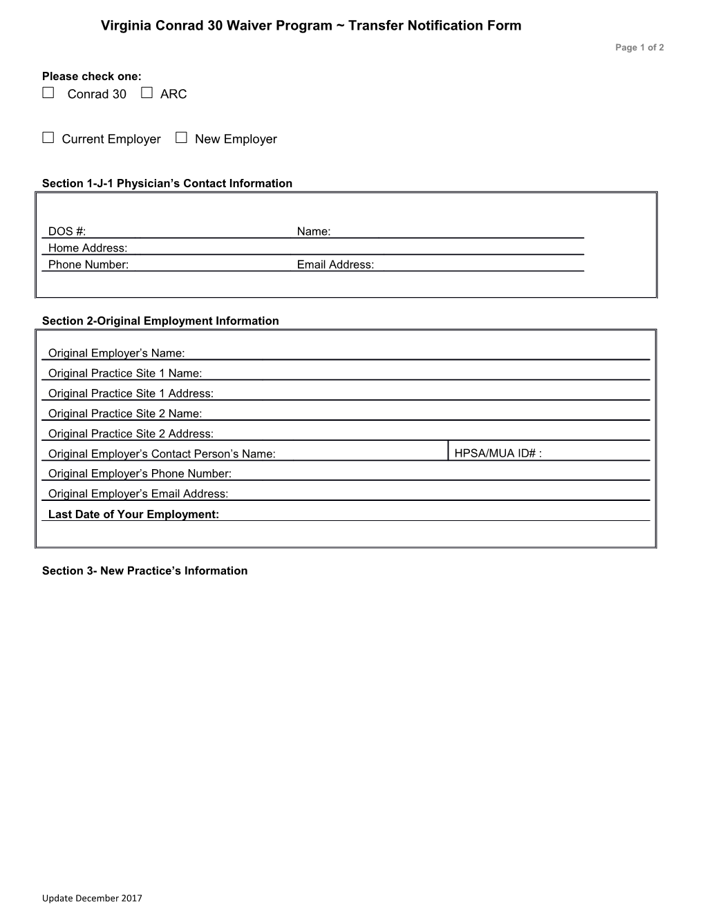 Virginia Conrad 30 Waiver Program Transfer Notification Form