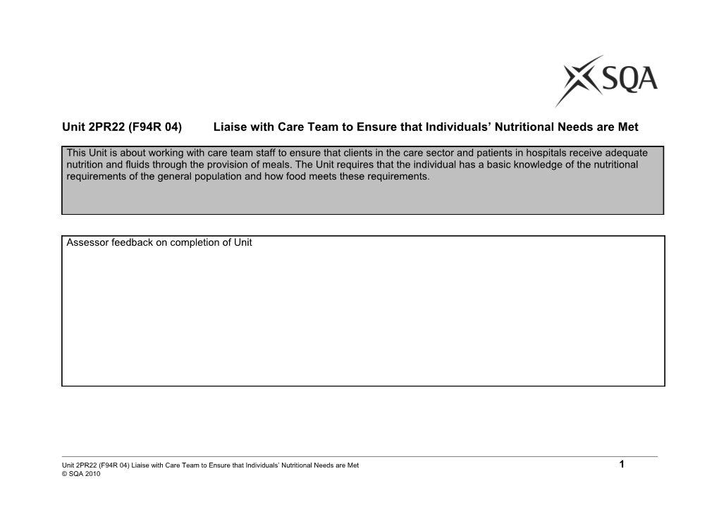 Unit 2PR22 (F94R 04)Liaise with Care Team to Ensurethat Individuals Nutritional Needsare Met