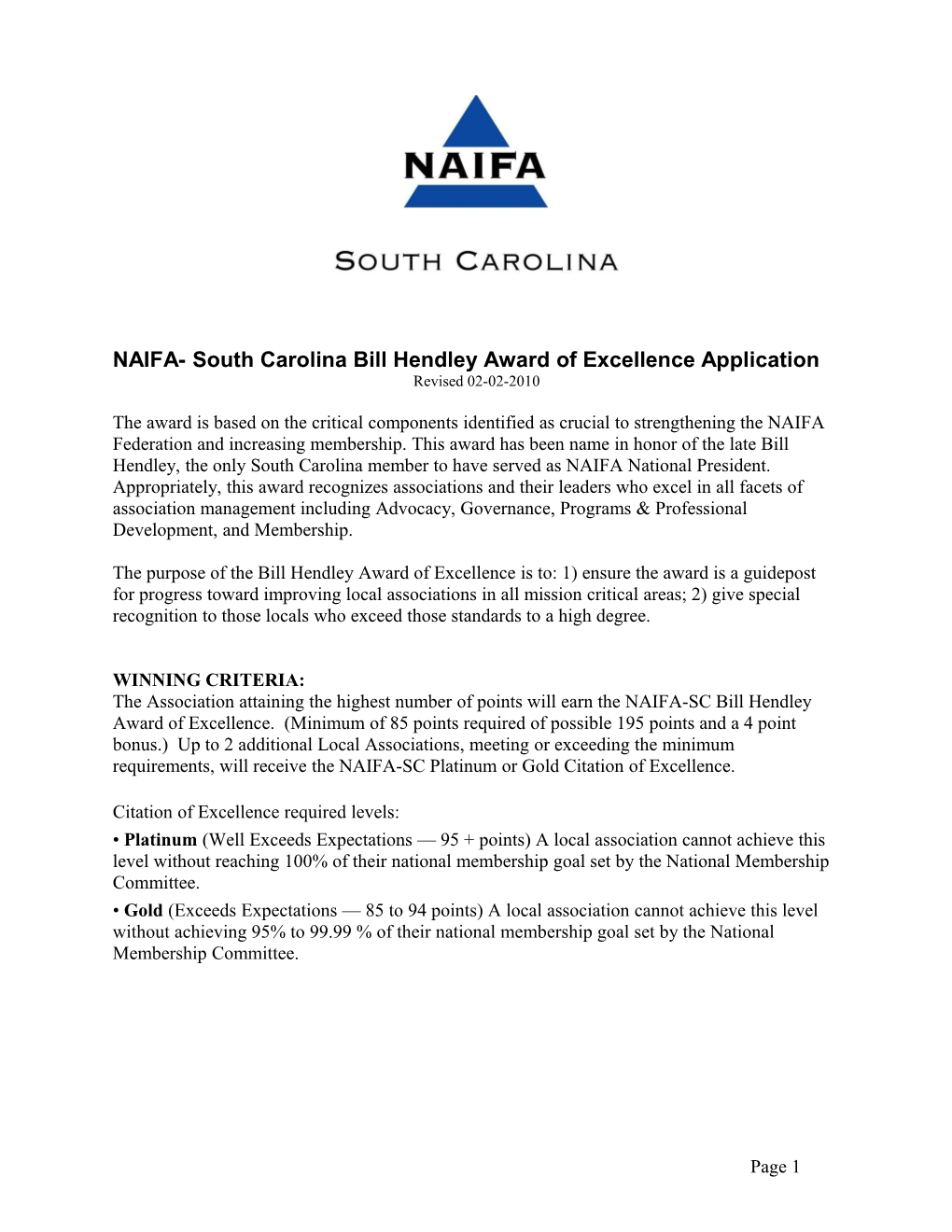 NAIFA- South Carolina Bill Hendley Award of Excellence