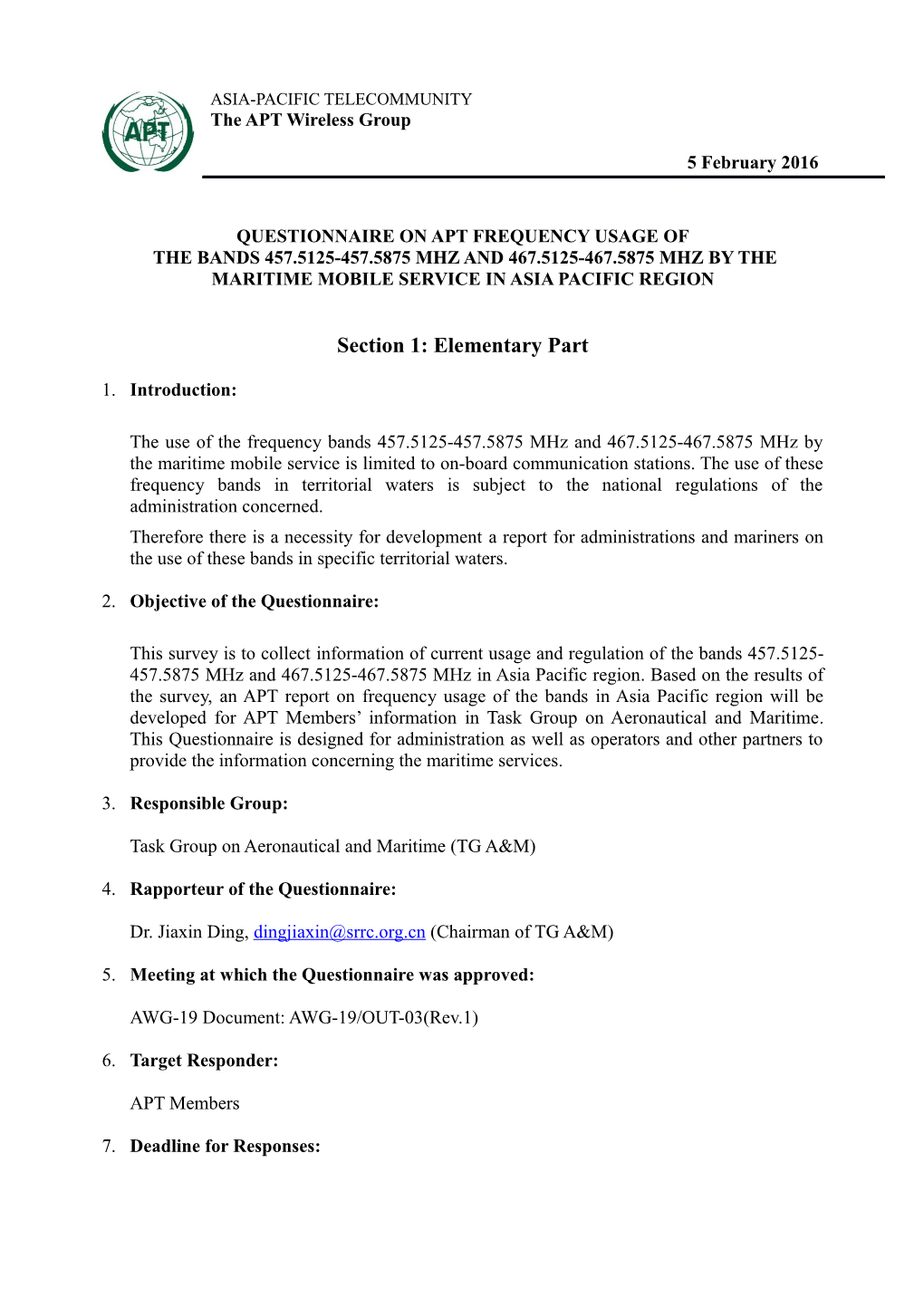 Questionnaire on APT FREQUENCY USAGE OF