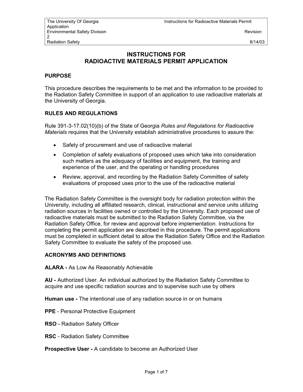 The University of Georgia Instructions for Radioactive Materials Permit Application