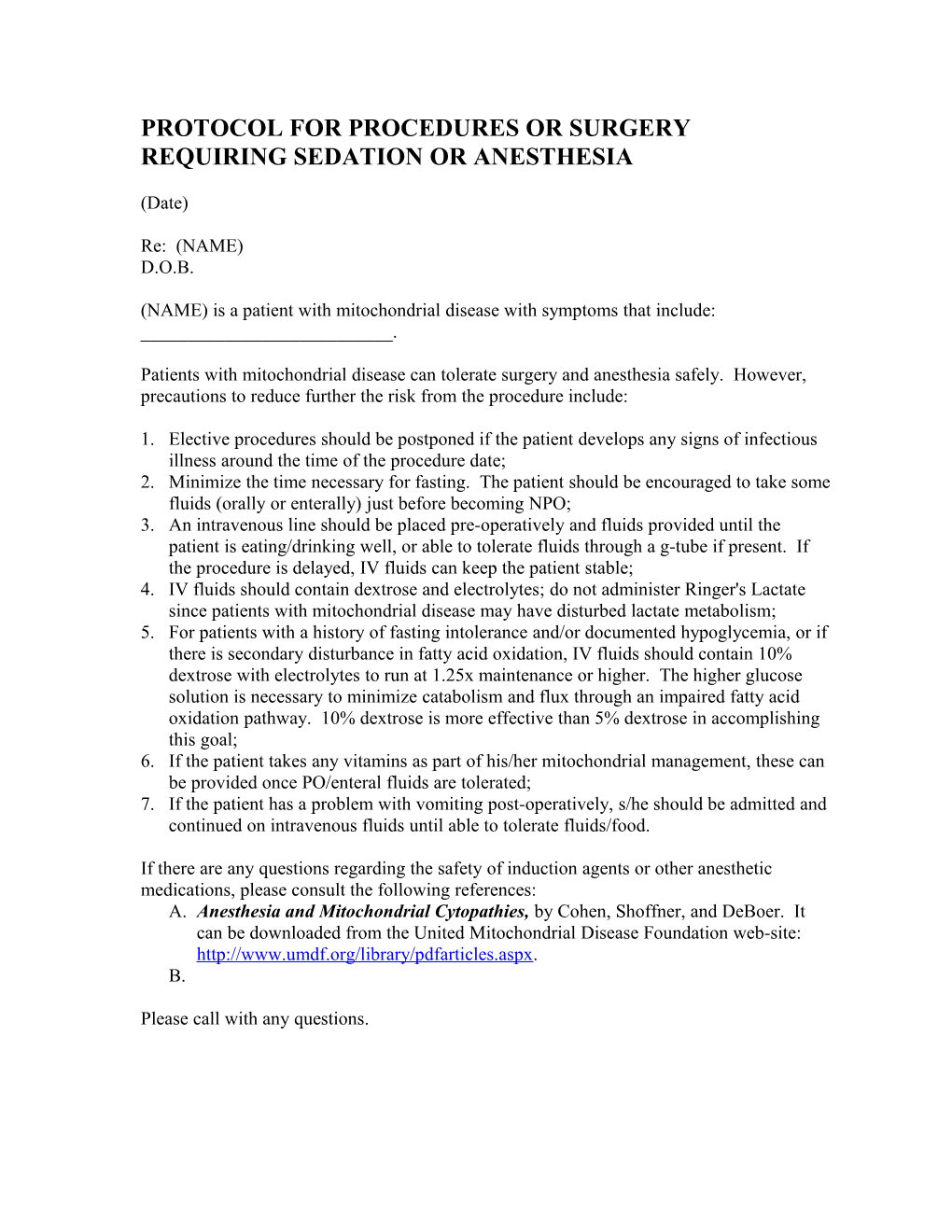 Protocol for Procedures Or Surgery Requiring Sedation Or Anesthesia