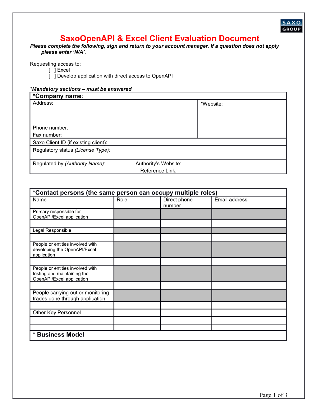 B2B Partner/Client Evaluation Document