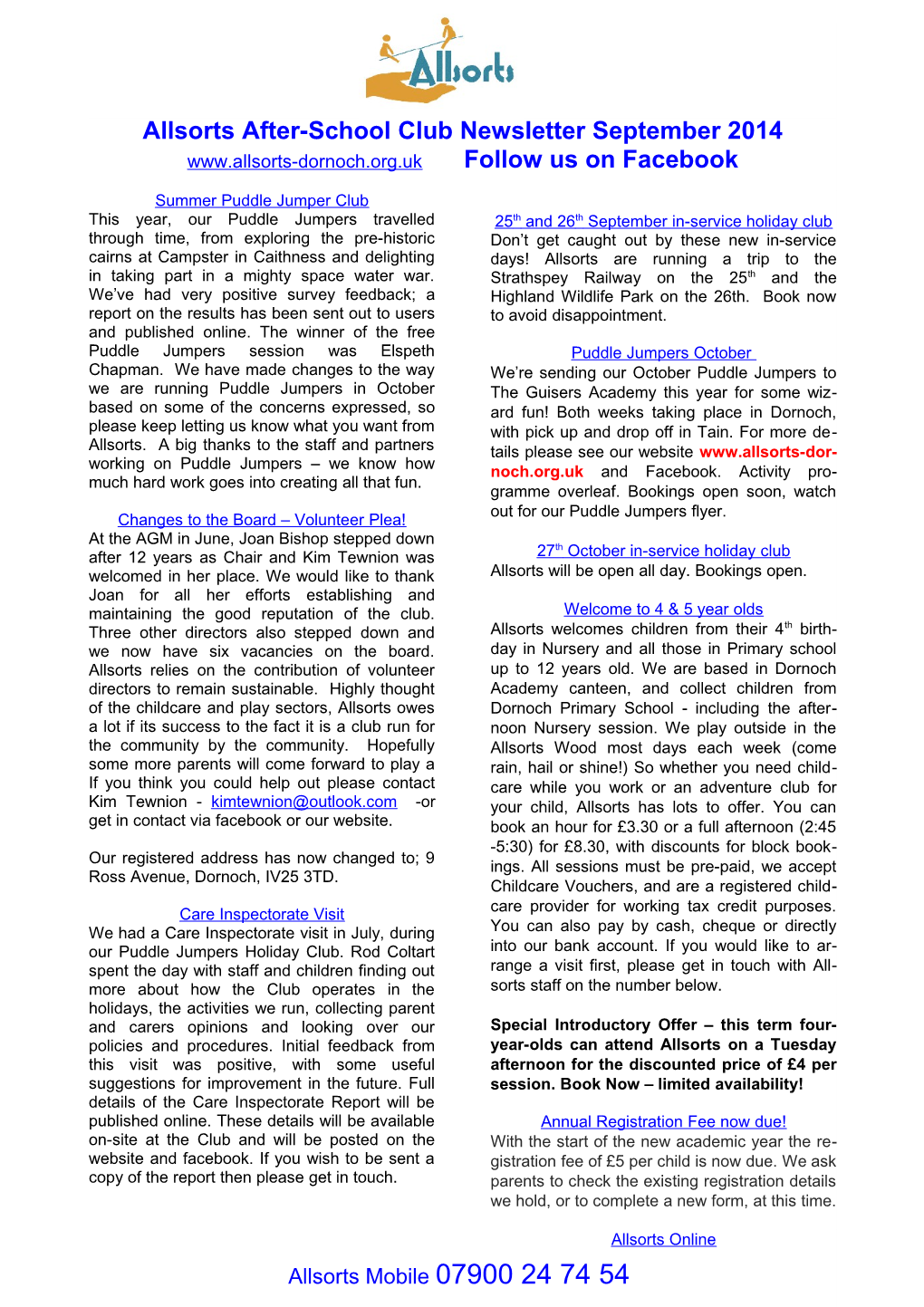 Allsorts After-School Club Newsletter September 2014