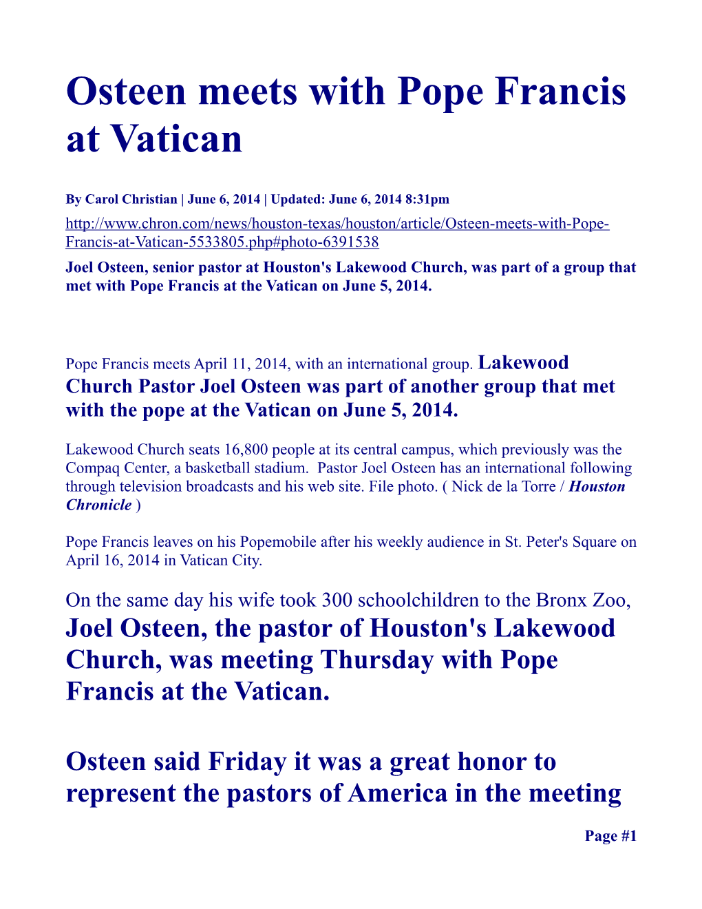 Osteen Meets with Pope Francis at Vatican