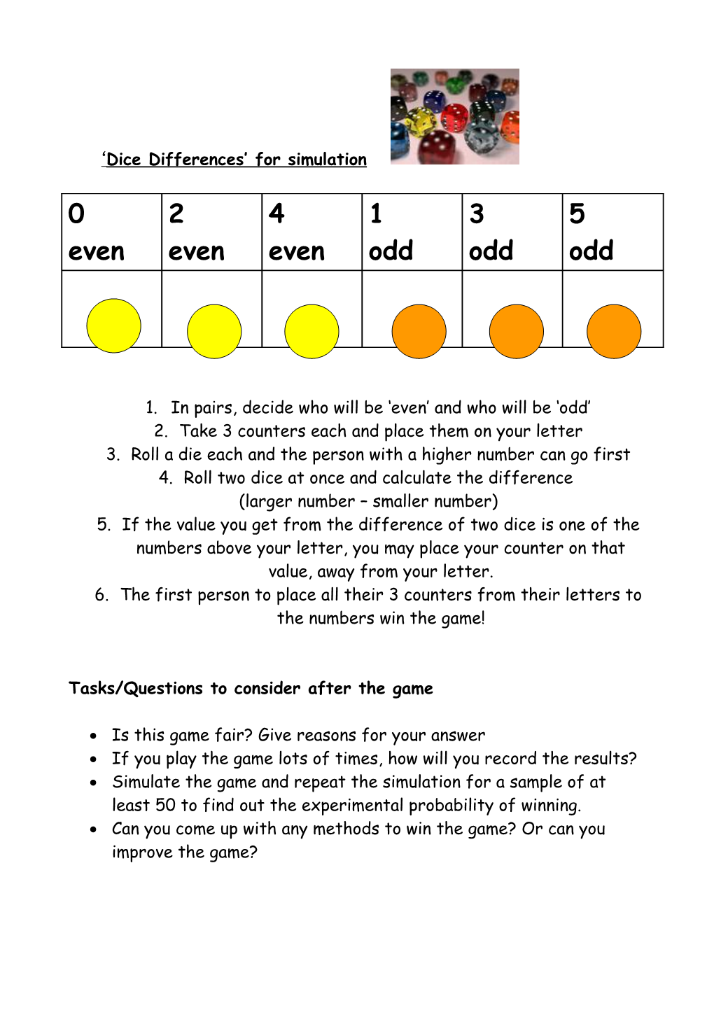Instructions for Dice Differences Game