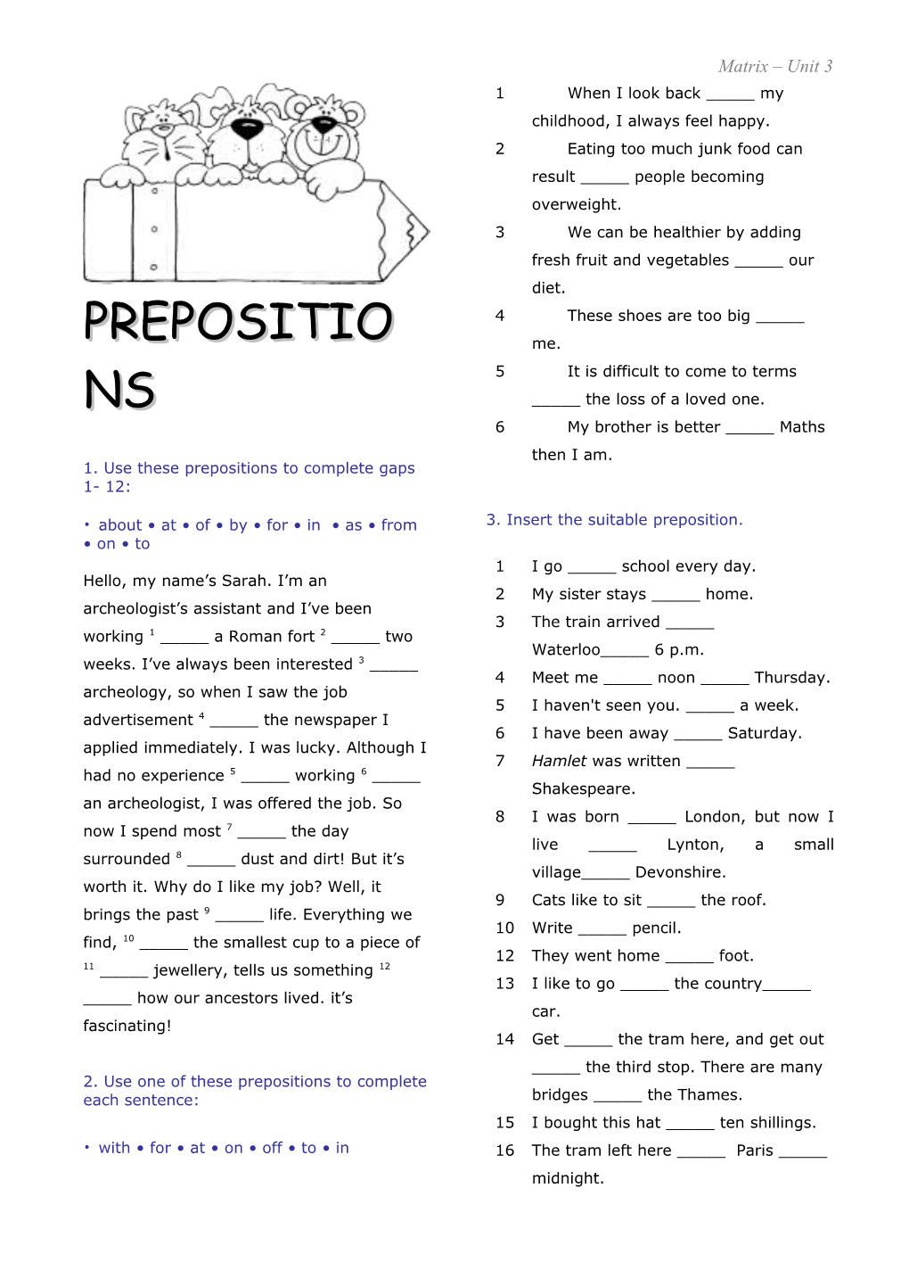 1. Use These Prepositions to Complete Gaps 1- 12