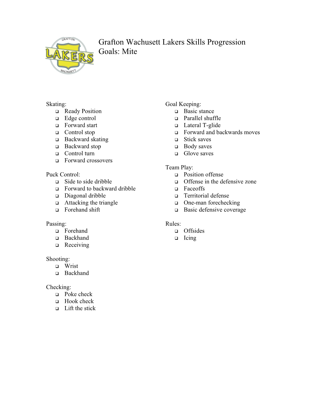 Tri County Saints Skills Progression Goals: Mite