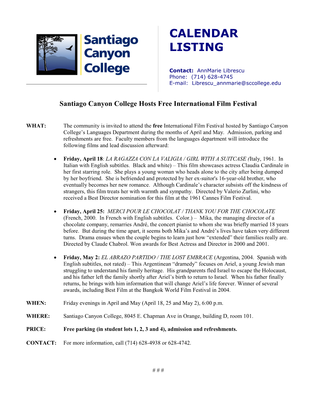 Santiago Canyon College Hosts Free International Film Festival s1