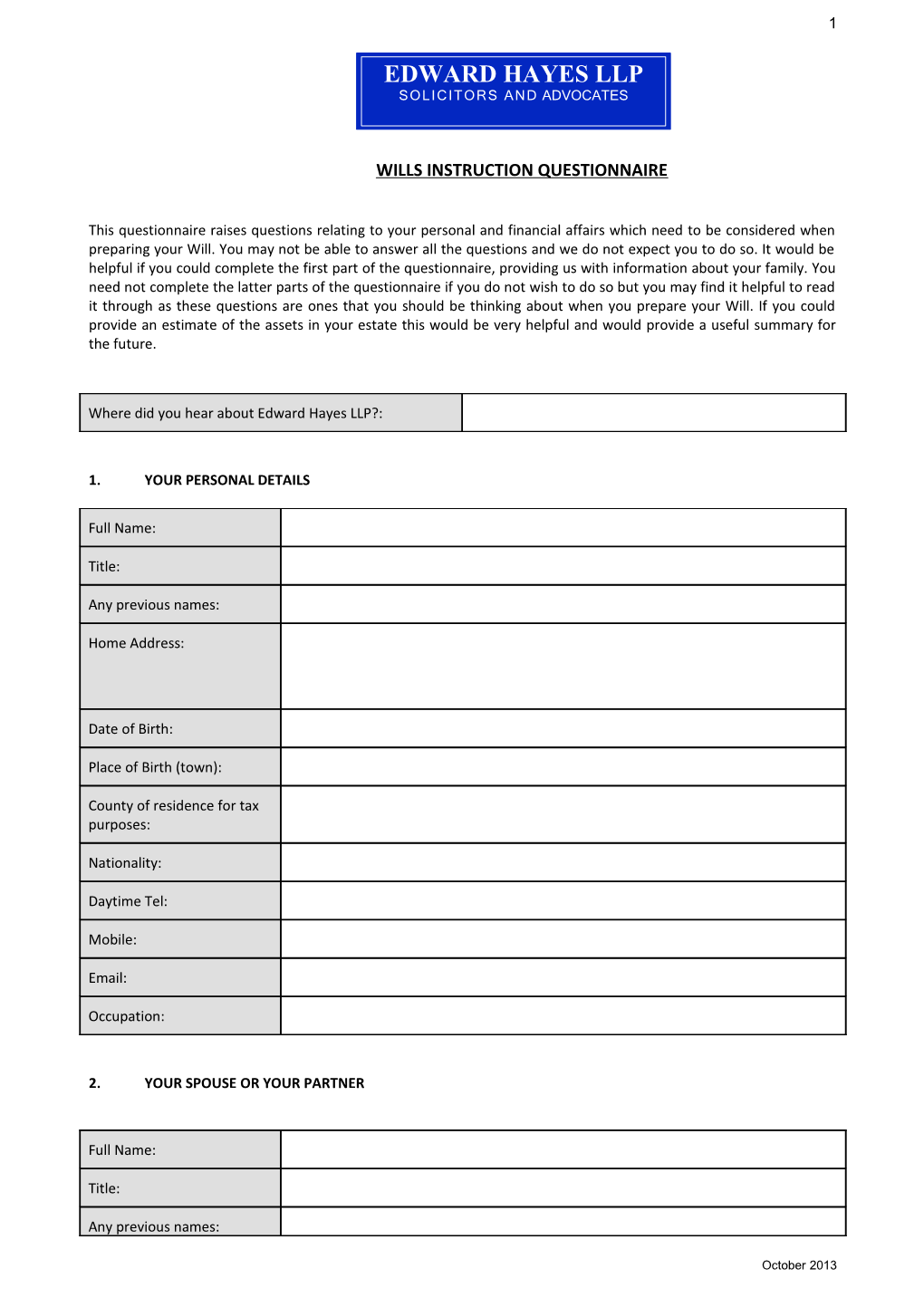 Wills Instruction Questionnaire