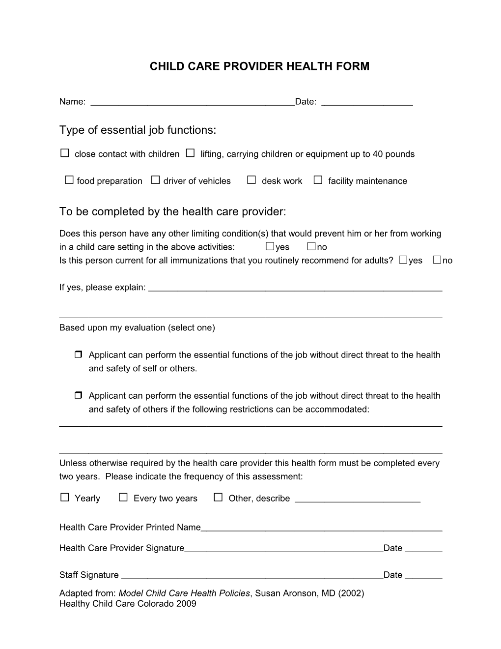 Employment Health Clearance Form