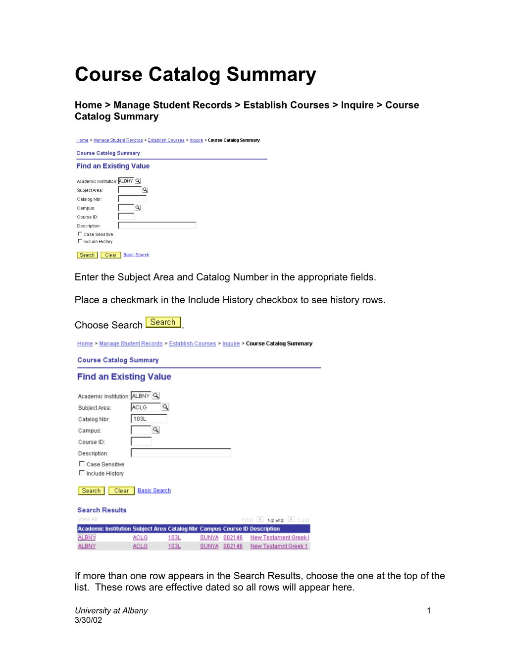 Course Catalog Summary