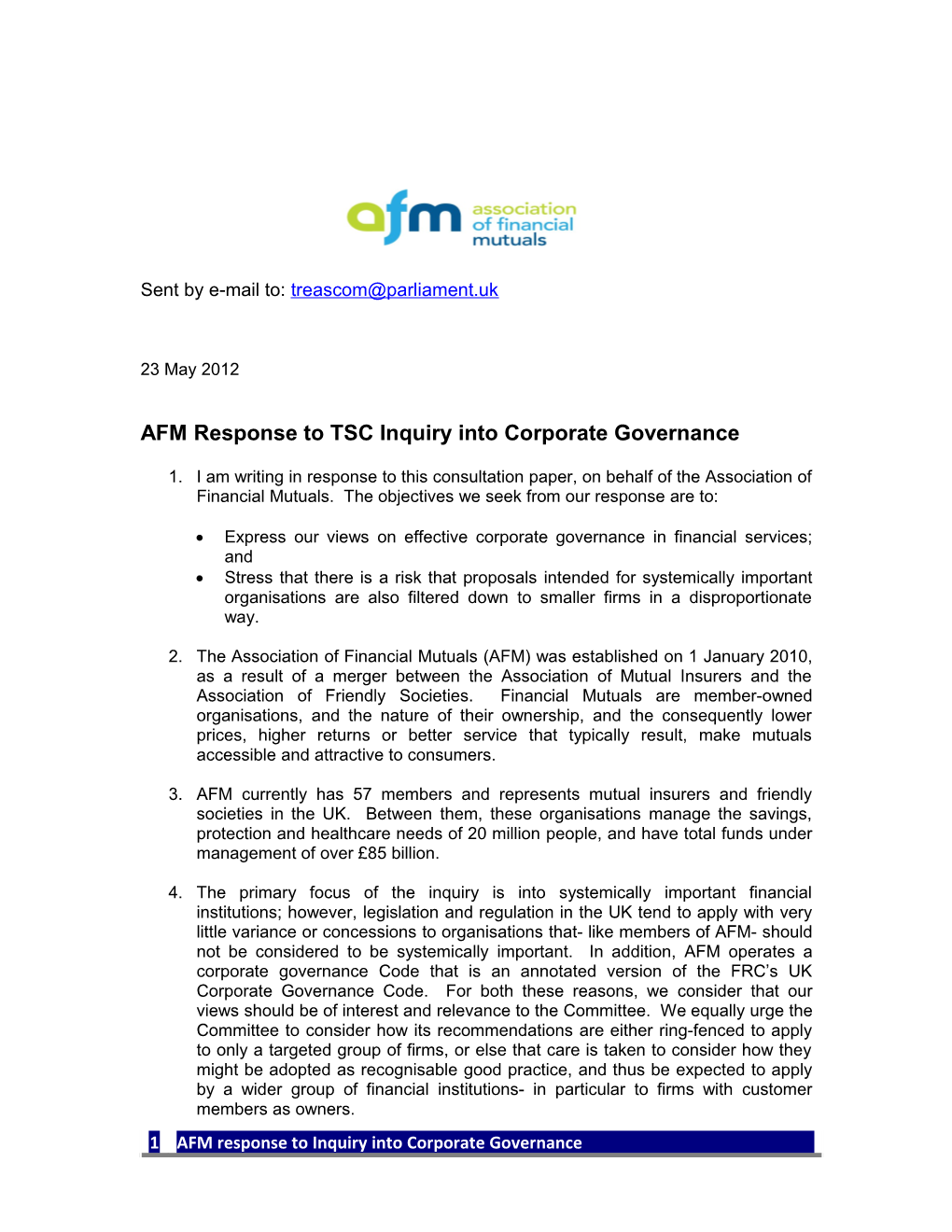 AFM Response to TSC Inquiry Into Corporate Governance