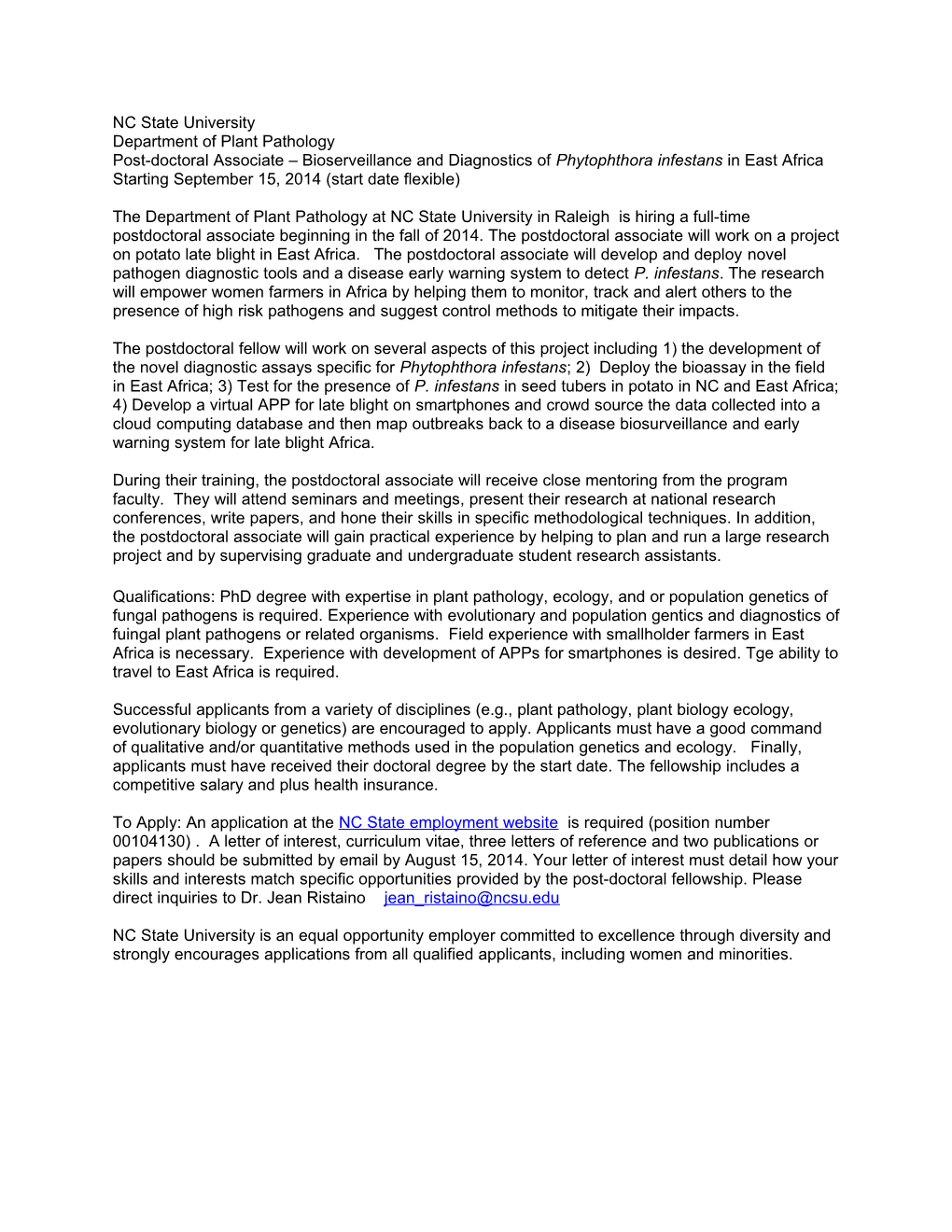 NC State University Department of Plant Pathology Post-Doctoral Associate Bioserveillance