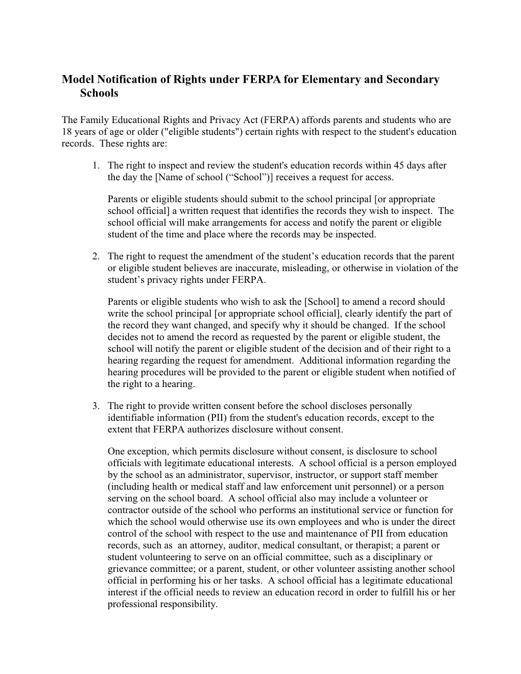 Model Notification of Rights Under FERPA for Elementary and Secondary Schools