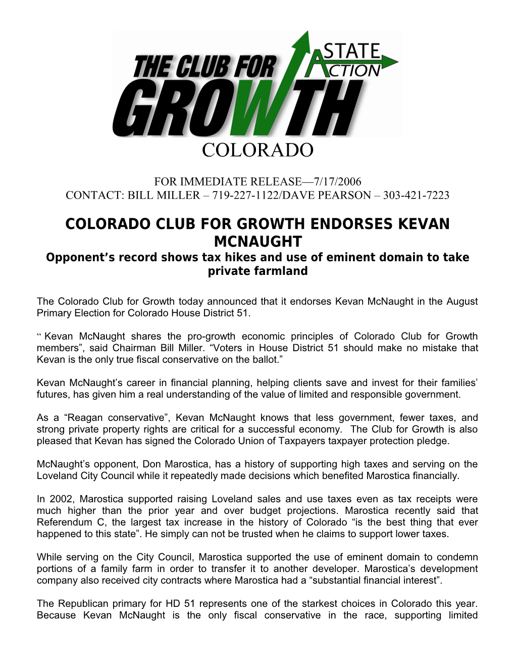 Colorado Club for Growth Endorses Kevan Mcnaught